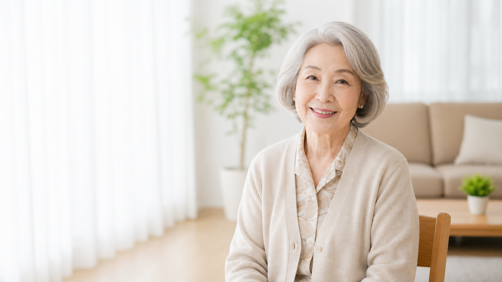 明るいリビングで穏やかに微笑む高齢女性