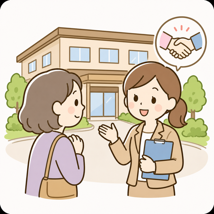 施設見学に同行してサポートする相談員のイラスト