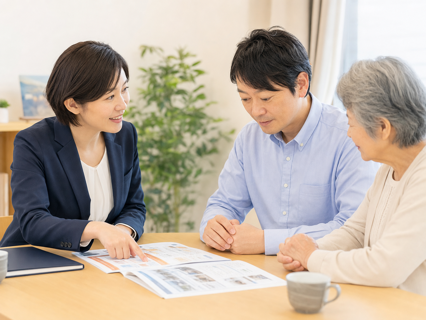 相談員が家族に施設資料を説明している様子