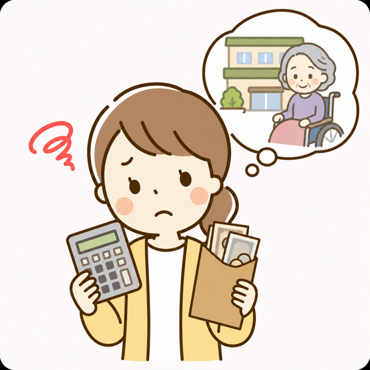 介護施設の費用に不安を感じる家族のイラスト